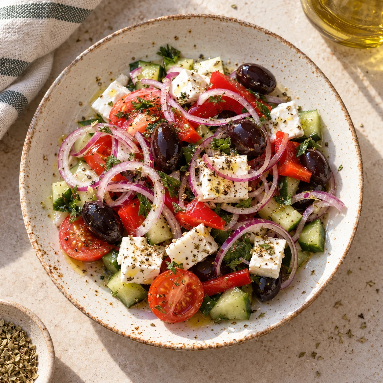 Greek salad with feta, olives and oregano