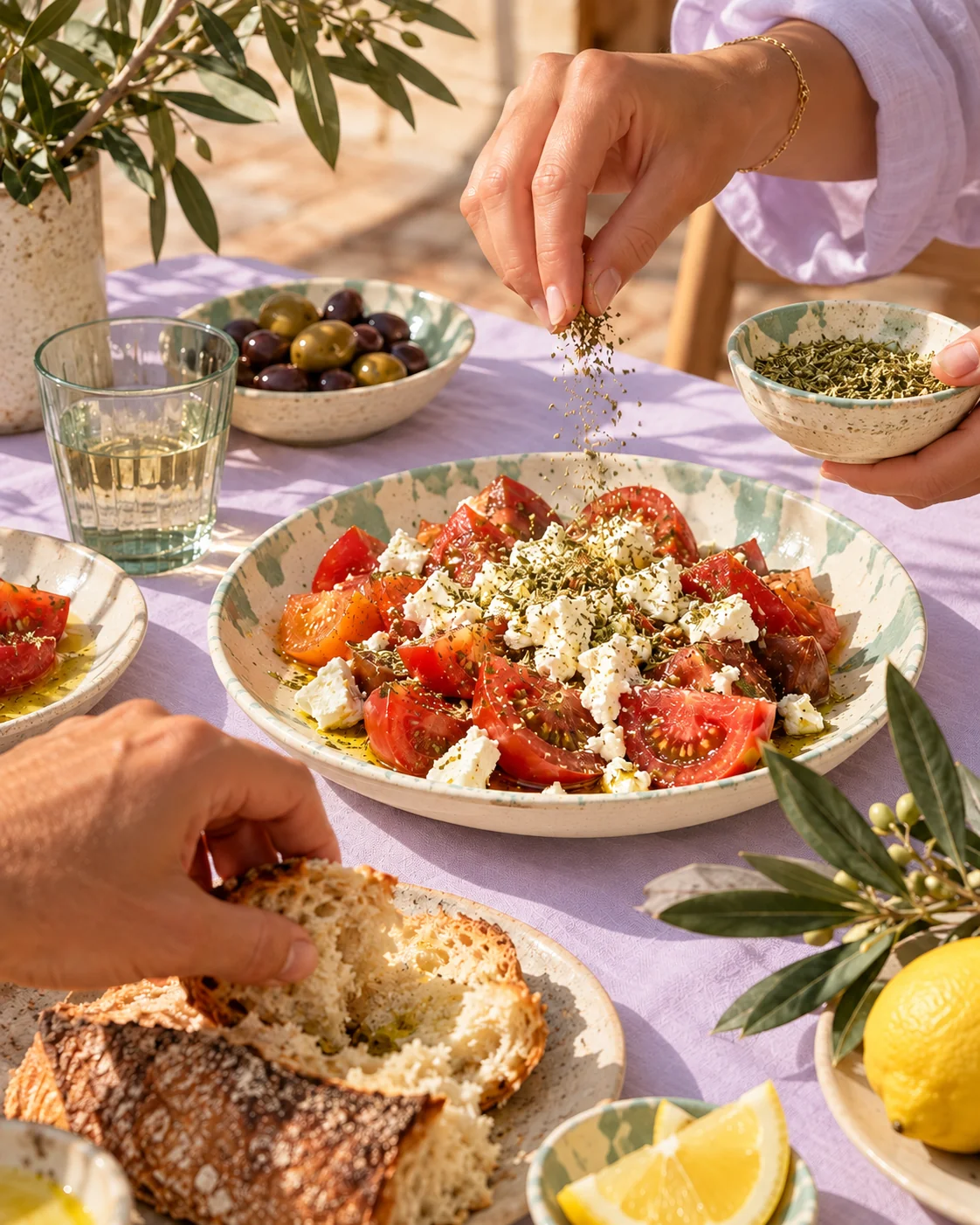 Oregano being sprinkled over a tomato and feta salad